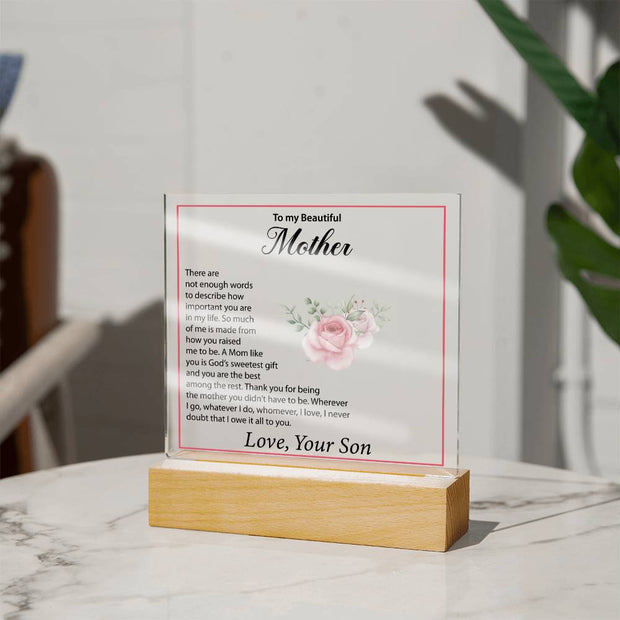 Beautiful Mother | Acrylic Plaque with Roses